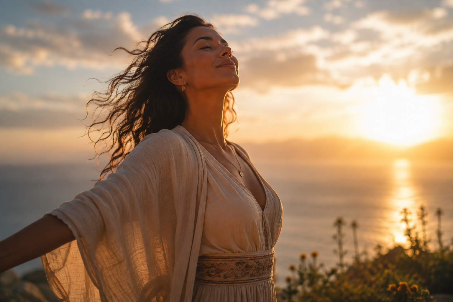 Woman in flowing white dress at golden sunset, arms open in freedom and release — embodying 'I am already enough' — Clearing Limiting Beliefs workshop at Mindful Way Studio, Mokena IL