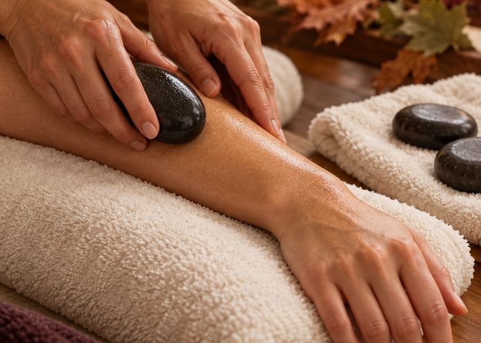 Warm stone pomegranate oil massage at Mindful Way Studio Mokena IL — Fall Spa Retreat