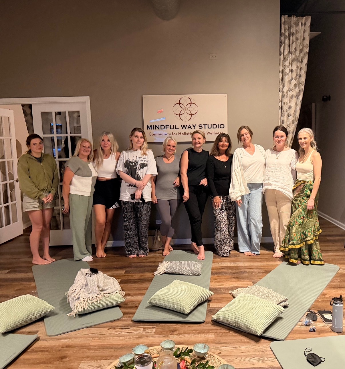 Group photo after Cacao Ceremony & Flow Breathwork event at Mindful Way Studio, Mokena IL — holistic wellness community