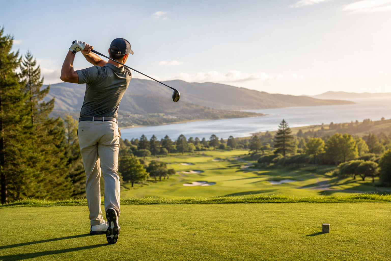Man performing a golf swing demonstrating hip rotation and mobility