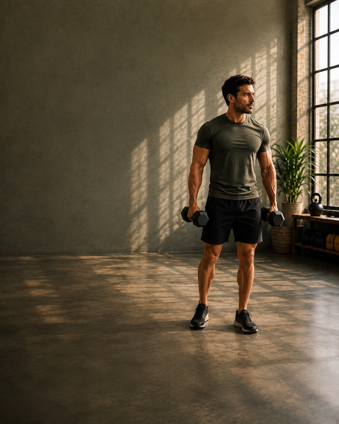 Man with dumbbells in a modern training space — Pilates Fusion for Men at Mindful Way Studio