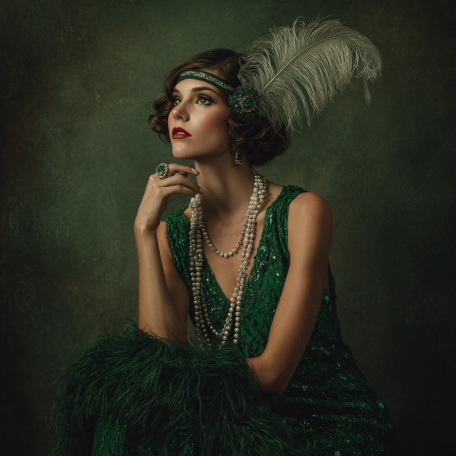 Elegant woman in Gatsby-style emerald green dress with feather headpiece for the Golden Jazz Evening