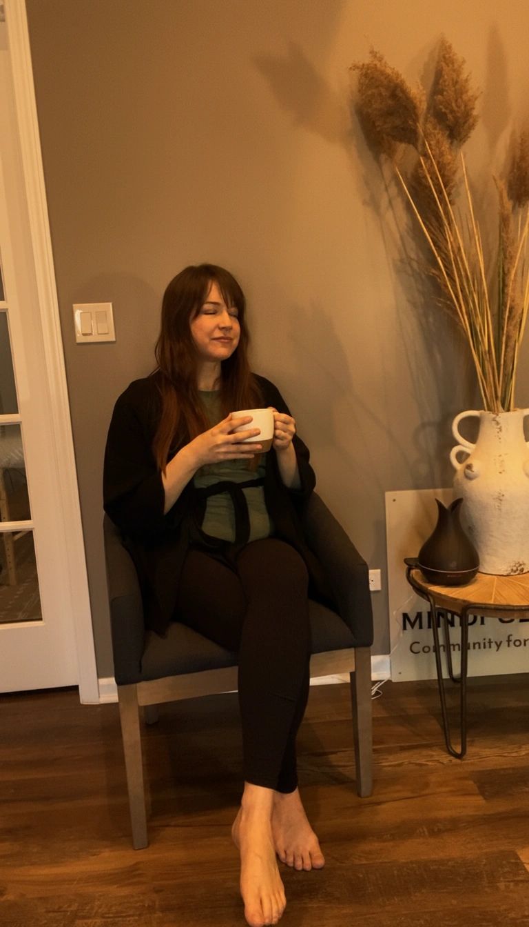 Guest resting peacefully with tea in the sanctuary at Mindful Way Studio, Mokena IL — warm candlelit atmosphere